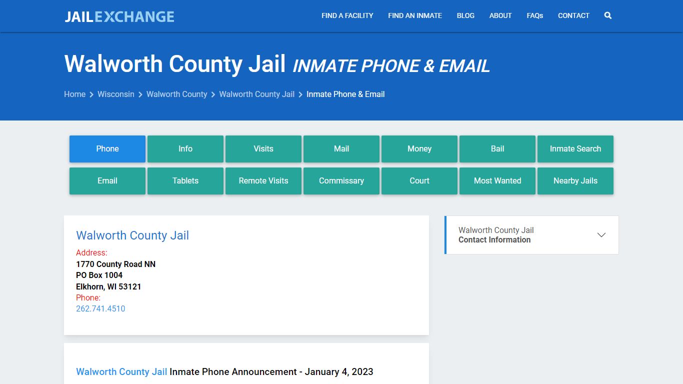 Inmate Phone - Walworth County Jail, WI - Jail Exchange